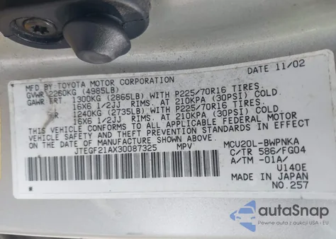 2003 Toyota Highlander V6 from USA, damaged, VIN JTEGF21AX30087325